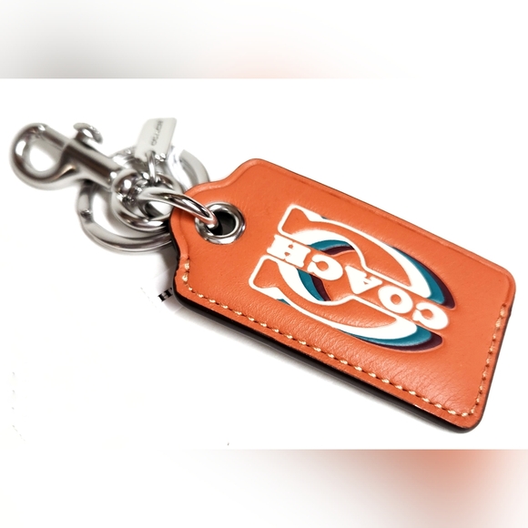 Coach Bottle Opener Key Fob Keychain with Stamp Silver Bright Orange Leather NWT - Picture 5 of 15
